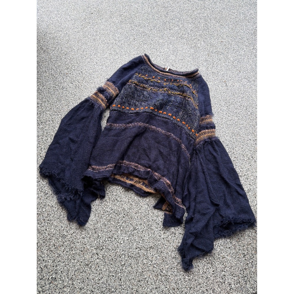 Free People Blue Boho Craft Time Bell Sleeve Sweater XS Wool Mohair Blend